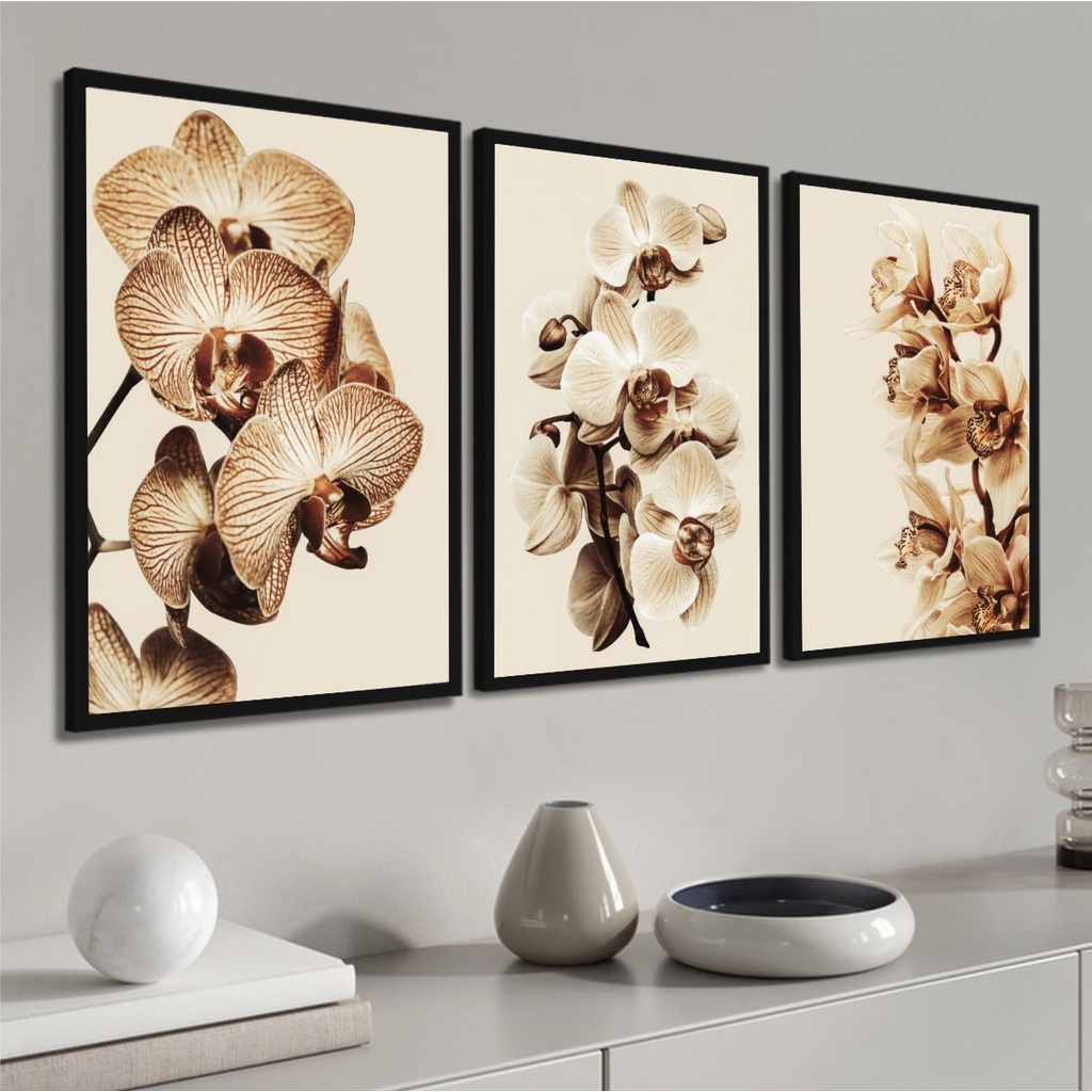 Kit Quadros Decorativos Flores Orquidea Beje Para Sala Casa