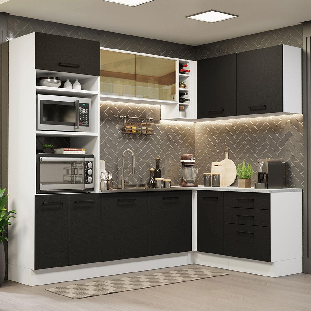 Cozinha Completa de Canto Madesa Agata 399001 com Armário e Balcão (Sem Tampo e Pia) - Branco/Preto em Oferta na Shopee