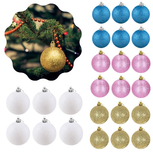 Kit 18 Bola Bolinha Glitter 4cm Decoração Enfeite Festa Natal Árvore Guirlanda Pendurar Pingente Brilhante Dourada/Branca/Azul/Rosa