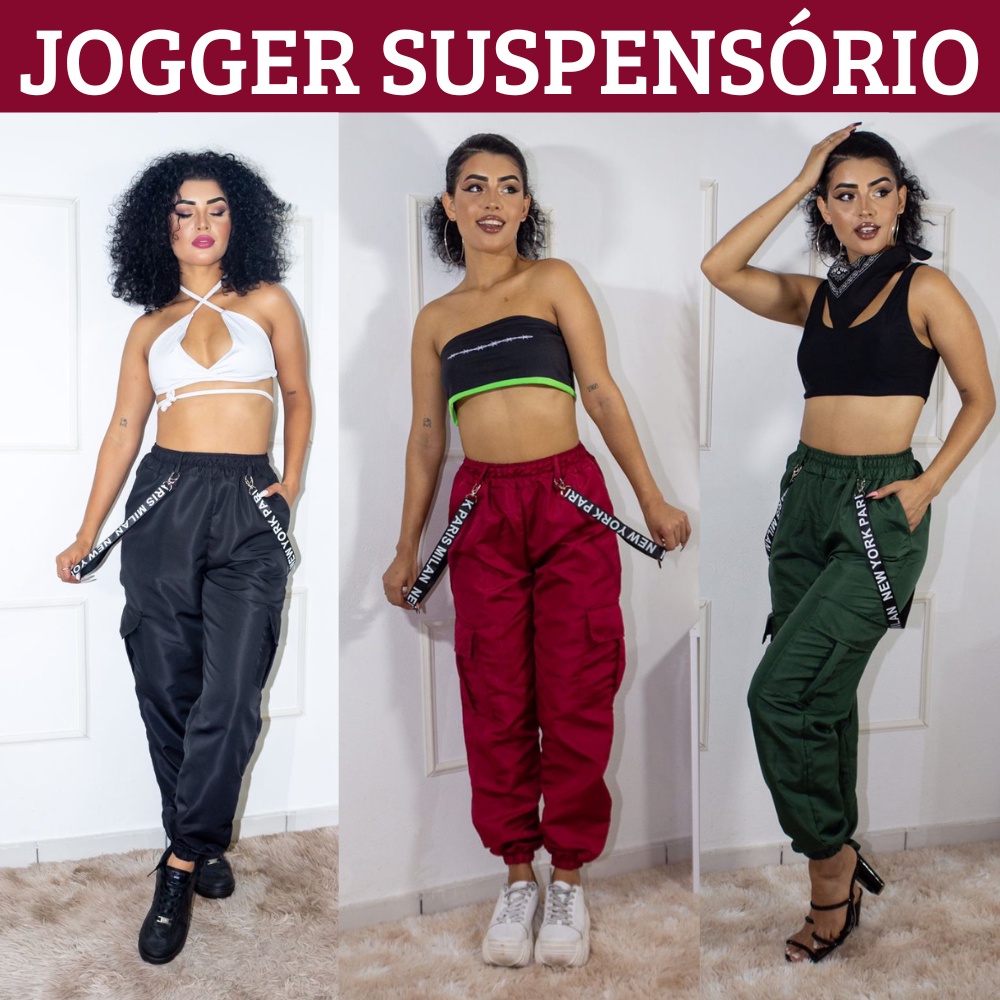 Calça Jogger feminina Com Suspensório Calça Cargo 4 Bolsos Unissex Feminina e Masculina estilo Blogueira