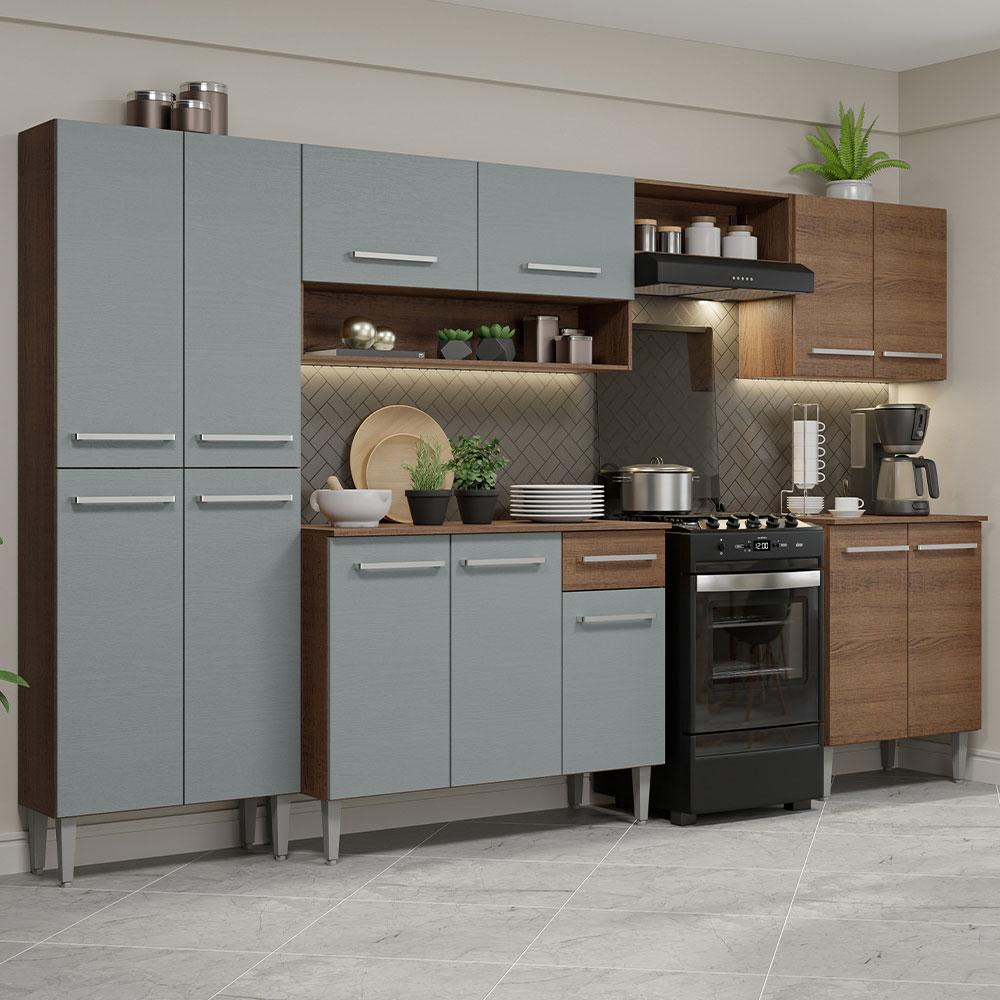 Armário de Cozinha Completa Madesa Emilly 293001 com Balcão e Paneleiro - Rustic/Cinza em Oferta na Shopee