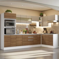 Armário de Cozinha Completa de Canto Madesa Smart 100% MDF - Branco/Rustic/Crema