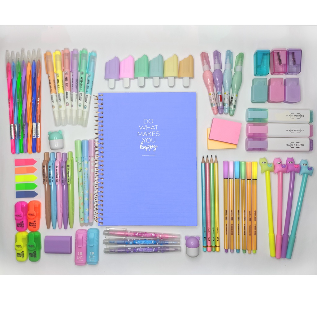 Kit Papelaria Kawaii Com Material Escolar Caderno Marca Texto Pastel Caneta Presente