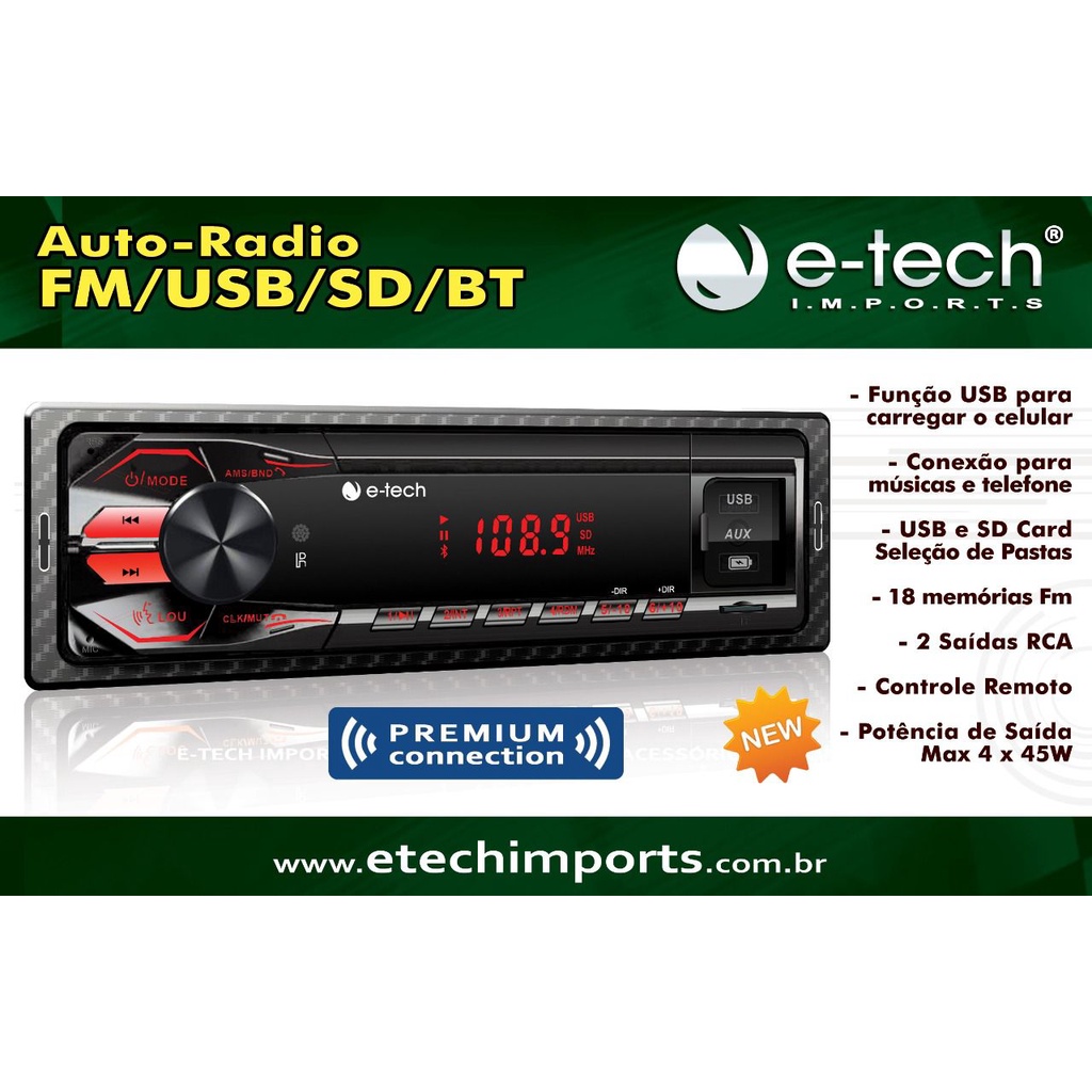 Auto Rádio MP3 Player Premium Bluetooth FM USB Cartão de Memória 2 USB