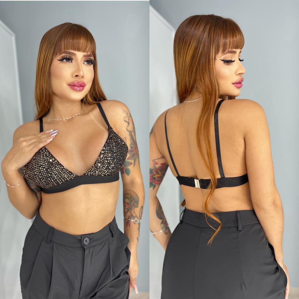 Cropped Top Paete Brilho Cropped Preto Feminino Tendencia Ano Novo