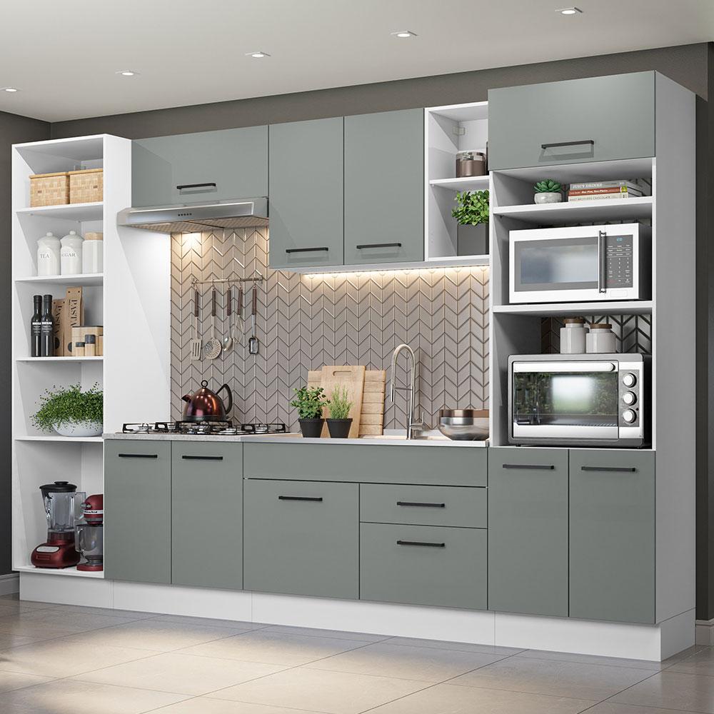 Armário de Cozinha Completa 330cm Branco/Cinza Agata Madesa 02 - Home & Living