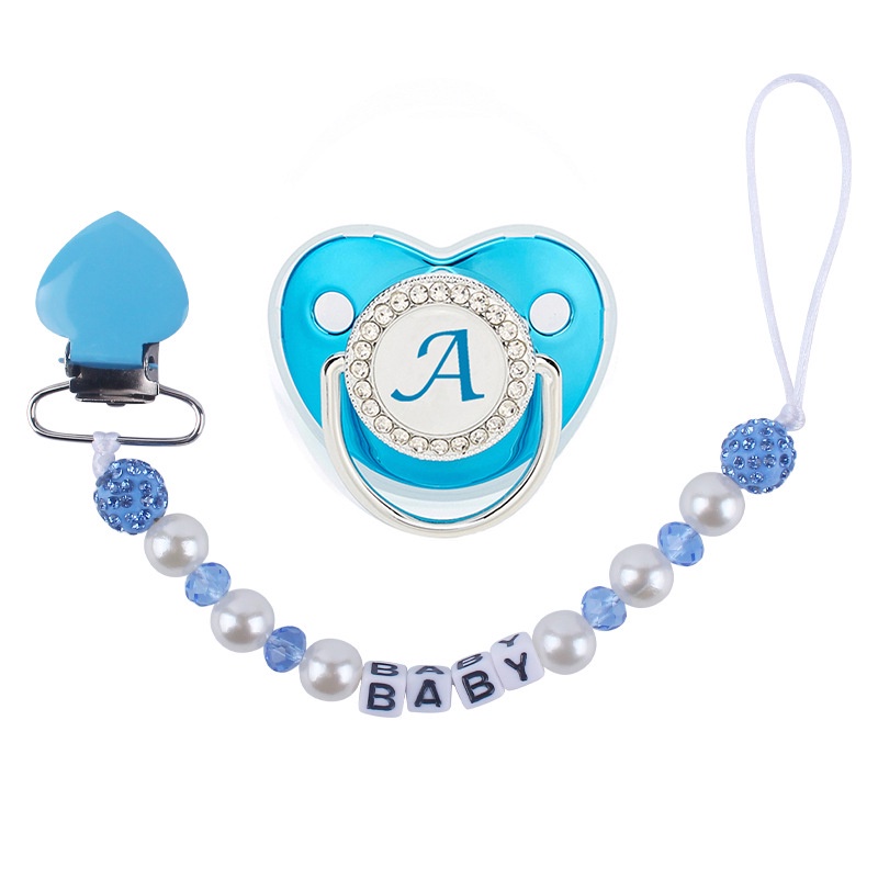 Luxuoso Azul Pacifier 26 Cartas Iniciais Com Clipe De Corrente