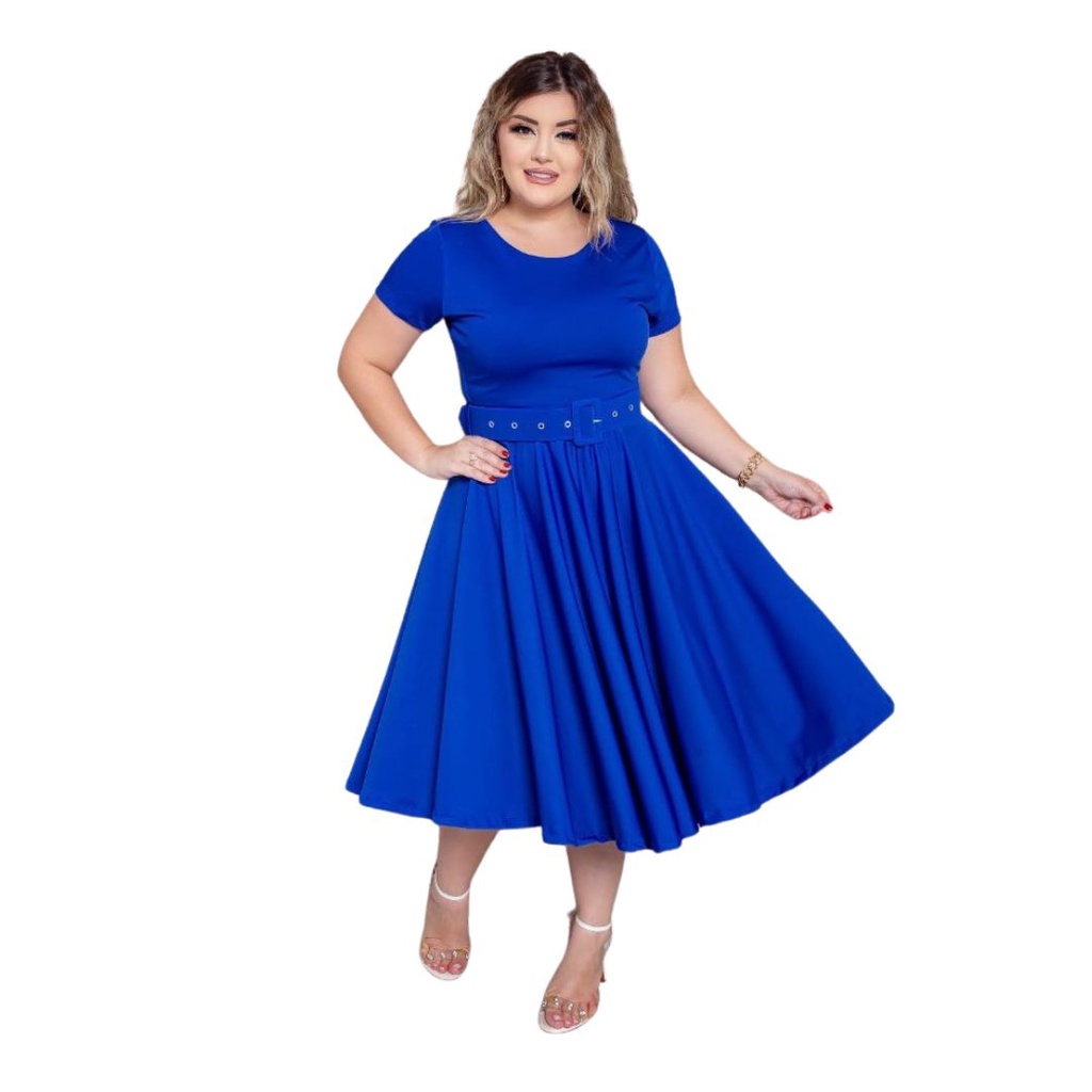 Vestido Midi Godê Azul Bic c/Cinto - P ao G3 - Moda Cristã.