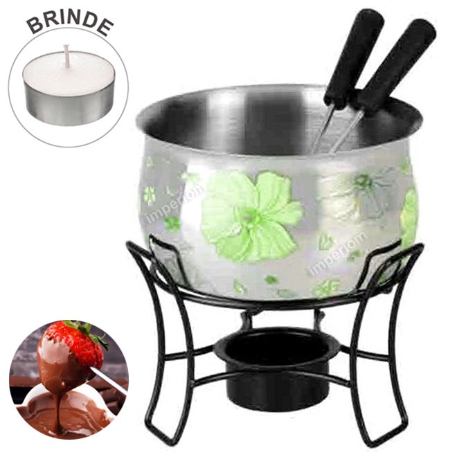 Mini Fondue Inox Decorado Floral Conjunto Aparelho Kit Vela