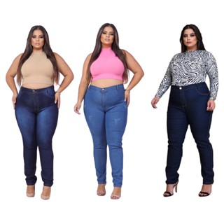 Kit 3 Calça Jeans Feminina Plus Size Cintura Alta Com Lycra Elastano Premium efeito Empina Bumbum Promoção