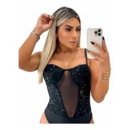 Body Bore Collant Feminino Alça Fina Paetê Tule Brilho