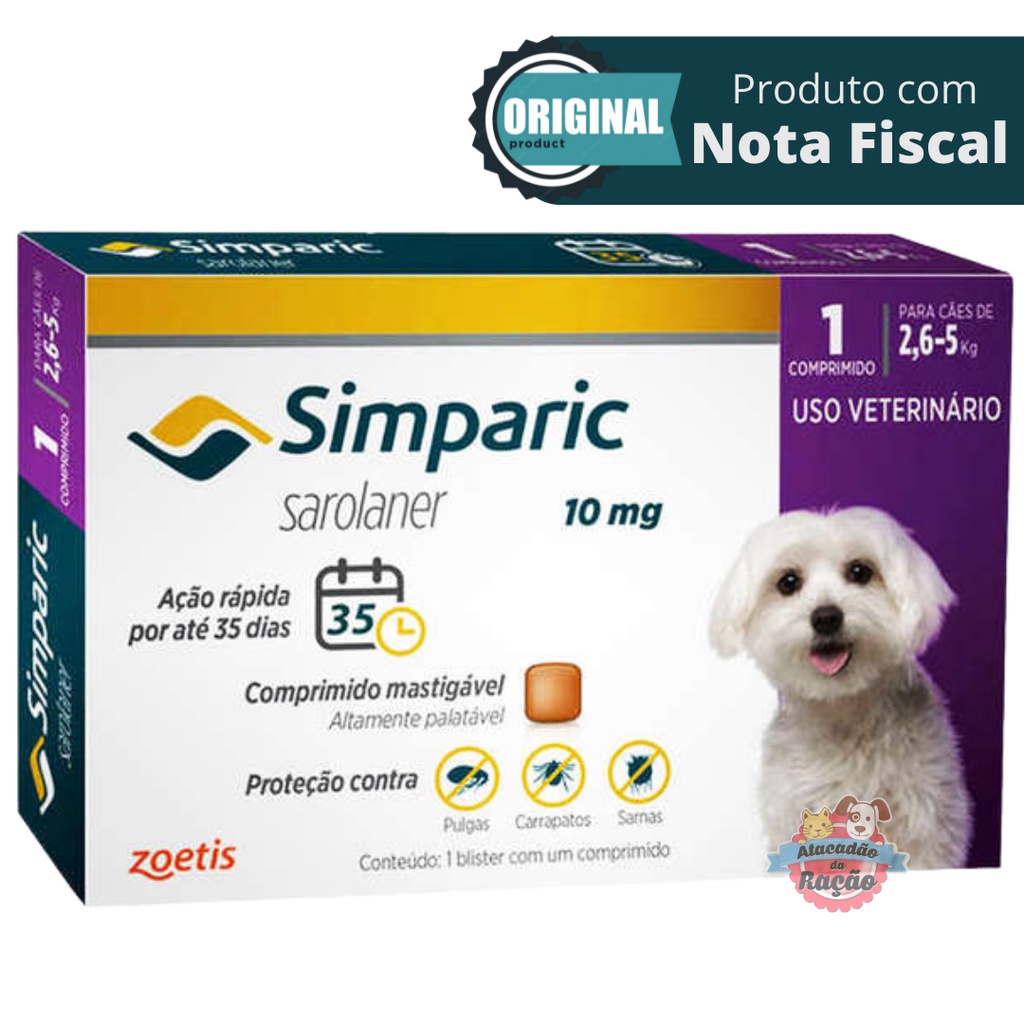 Simparic para Cães de 2,6 a 5 Kg (10 mg) - Antipulgas Caixa com 1 Comprimido - Pets