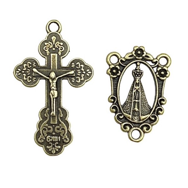 Kit Com 25 Crucifixos + 25 Entremeios Ouro Velho P/ Terços e Dezenas