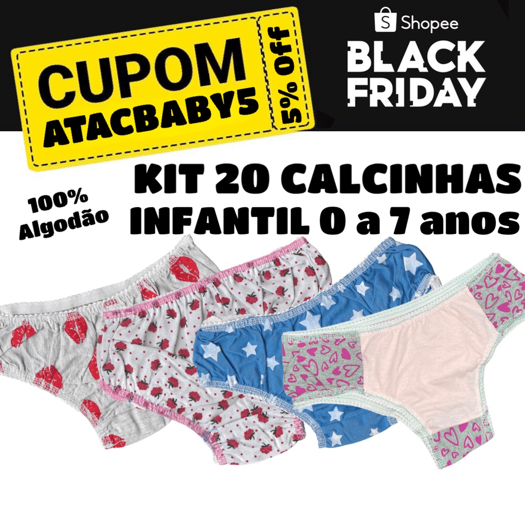 KIT 20 Calcinha infantil 20 un 0 a 7 anos 100% Algodão Calcinha bebê