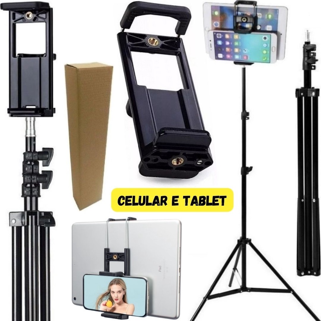 Tripé pedestal 2,10 metros + suporte adaptador 2 em 1 para tablet ipad celular smartphone kindle