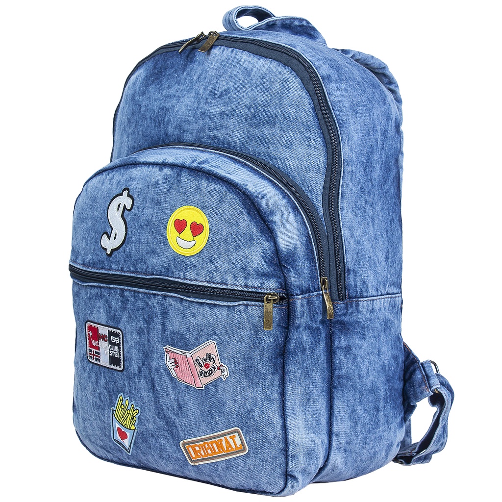 Mochila Jeans feminina Personalizada com patches sortidos Reforçada