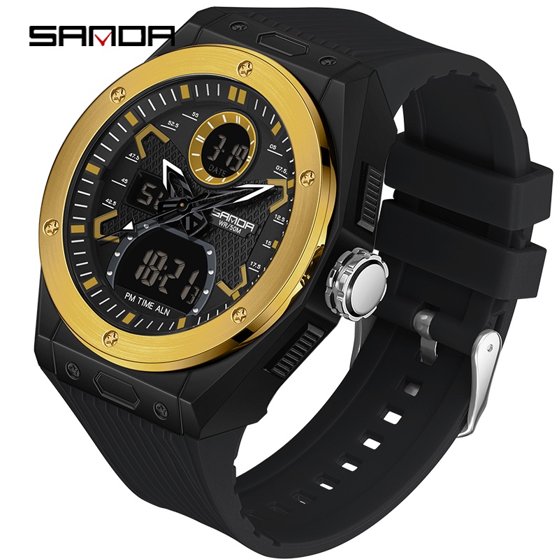 Sanda Original Multi-Display Exterior Multifuncional Quartzo Luxo Casual À Prova D'água Relógio Eletrônico SD3138-17