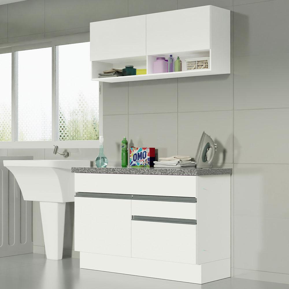 Kit Área De Serviço 120cm com Armário e Balcão Branco Madesa 01 em Oferta na Shopee