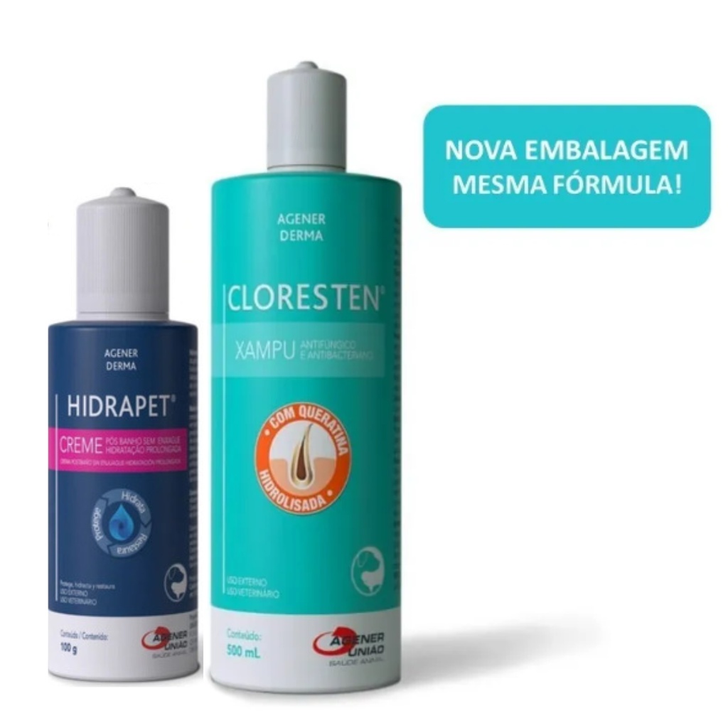 1 Cloresten Shampoo 500ml + 1 Hidrapet Creme 100g Cães Gatos - Pets