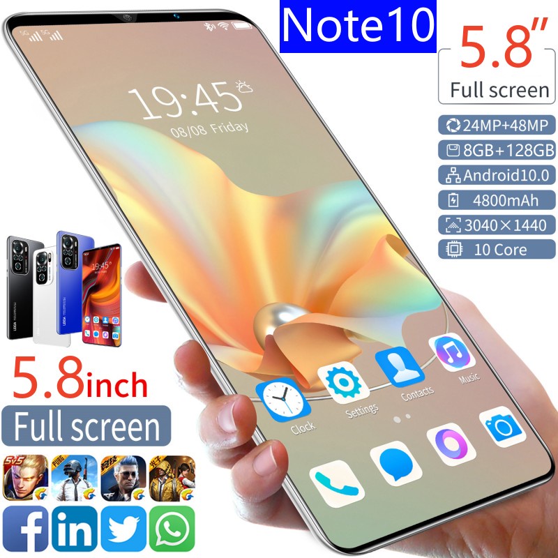 Celular Barato Nota10 5,8 Polegadas Smartphone 8 + 128GB 5G Celular Android Celulares