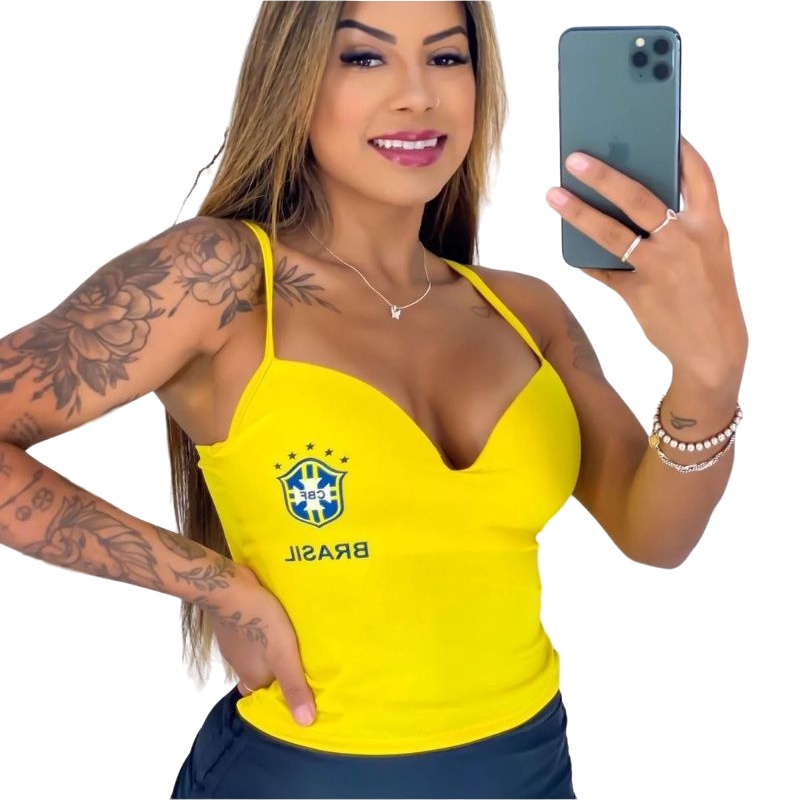 Blusa Decotada Brasil Blusinha Copa do Mundo de Alça Fina Alcinha Futebol Decote