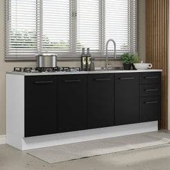 Kit com 2 Balcões de Cozinha Madesa Agata 3 Gavetas 4 Portas (Sem Tampo e Pia) - Branco/Preto