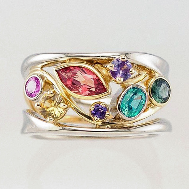 925 Prata Esterlina Dois Tons Pedra Colorida Feminino Anel De Dedo Aniversário Anéis Oco Design Moda Feminina Jóias