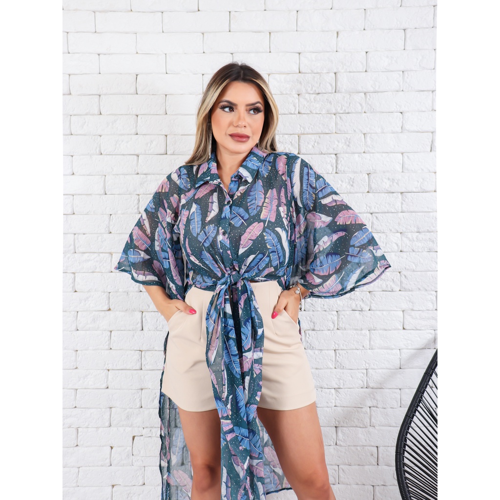 Saída de Praia Longa Estampado Kimono Com Babado Na Manga (AFTY526)