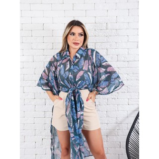 Saída de Praia Longa Estampado Kimono Com Babado Na Manga (AFTY526)