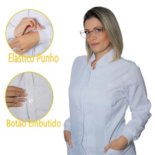 Jaleco Feminino Oxford Branco, Botão Embutido, Gola Padre, Com Punho, Acinturado