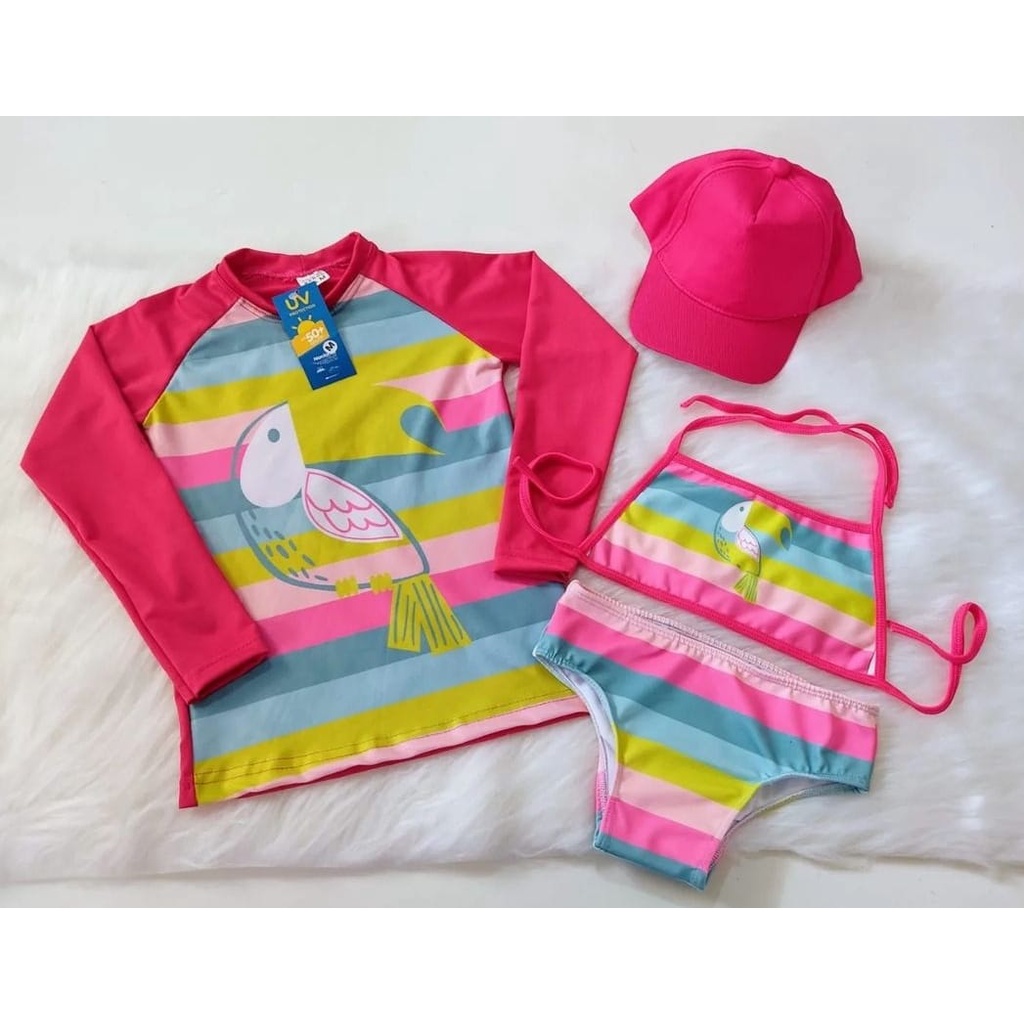 Biquini Infantil + Blusa com Proteção Solar Infantil uv50 Para Meninas Kit Praia Infantil + Boné