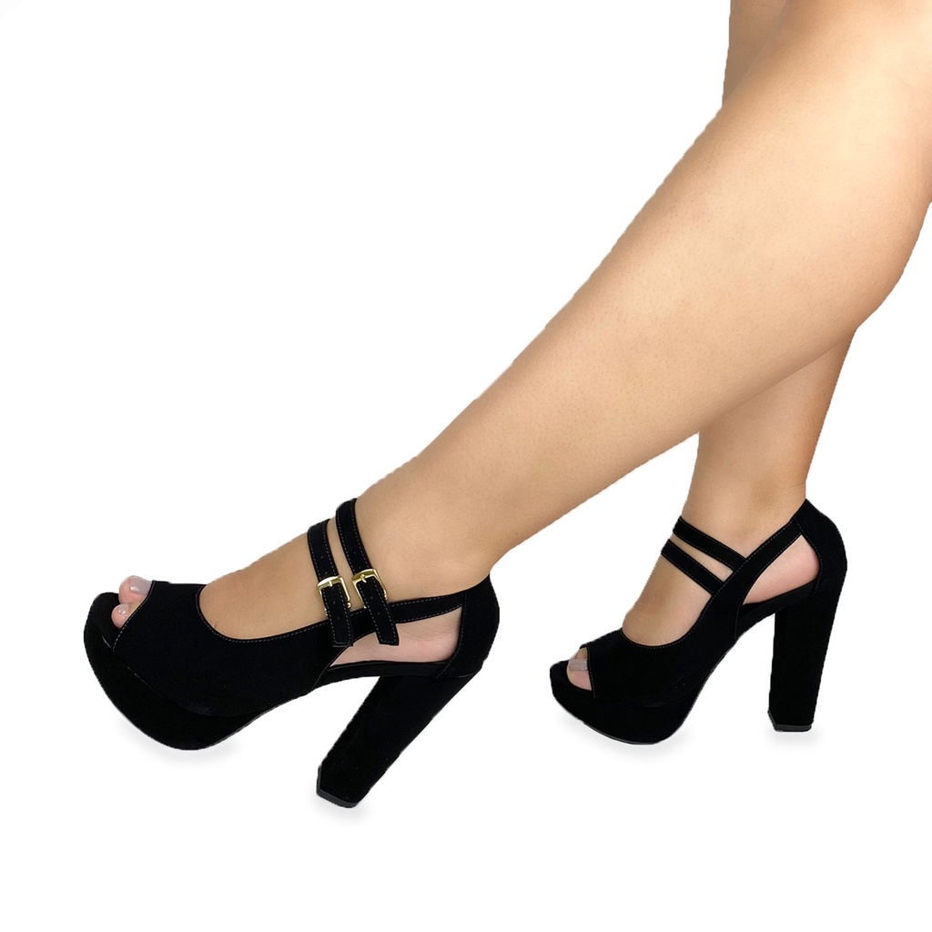 Sapato Feminino Feminy Sandália Peep Toe Salto Alto Grosso Preto