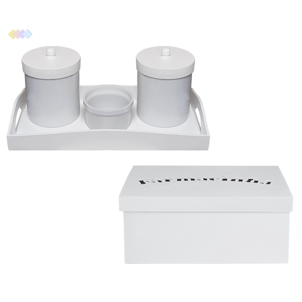 Kit Higiene Bebê Farmácia Cesta Madeira e Potes de Porcelana com Molhadeira