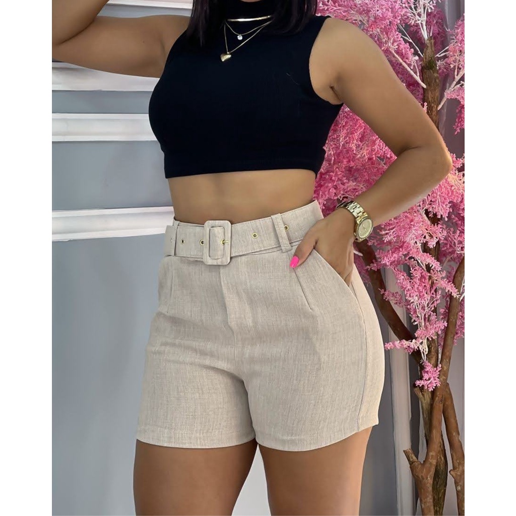 Short Feminino Bege Nude De Linho Alfaiataria Com Bolso E Cinto Modinha Blogueira Shopee Brasil