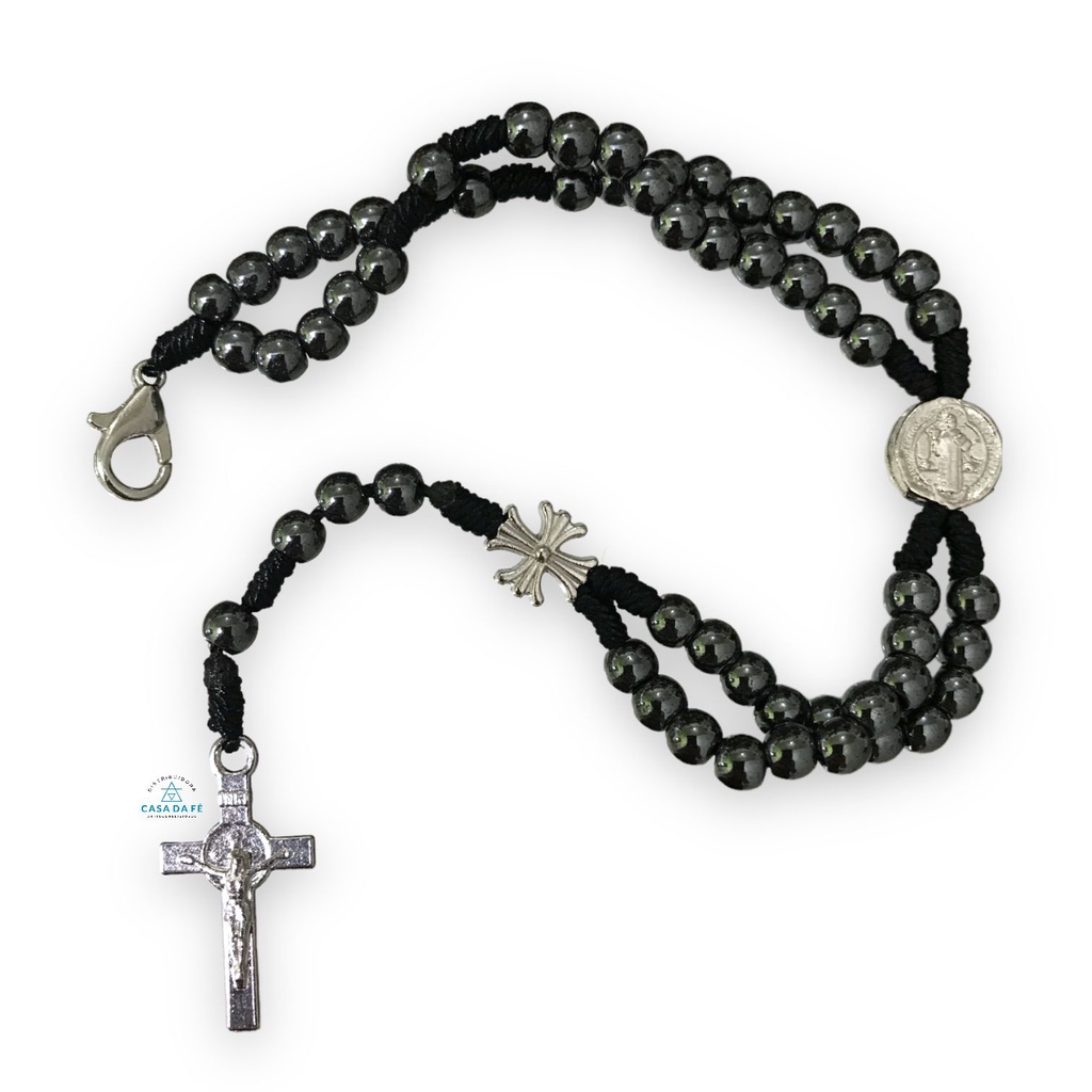 Kit C/6 Terço De Pulso Pequeno Hematita Medalha De São Bento Artigo Religioso