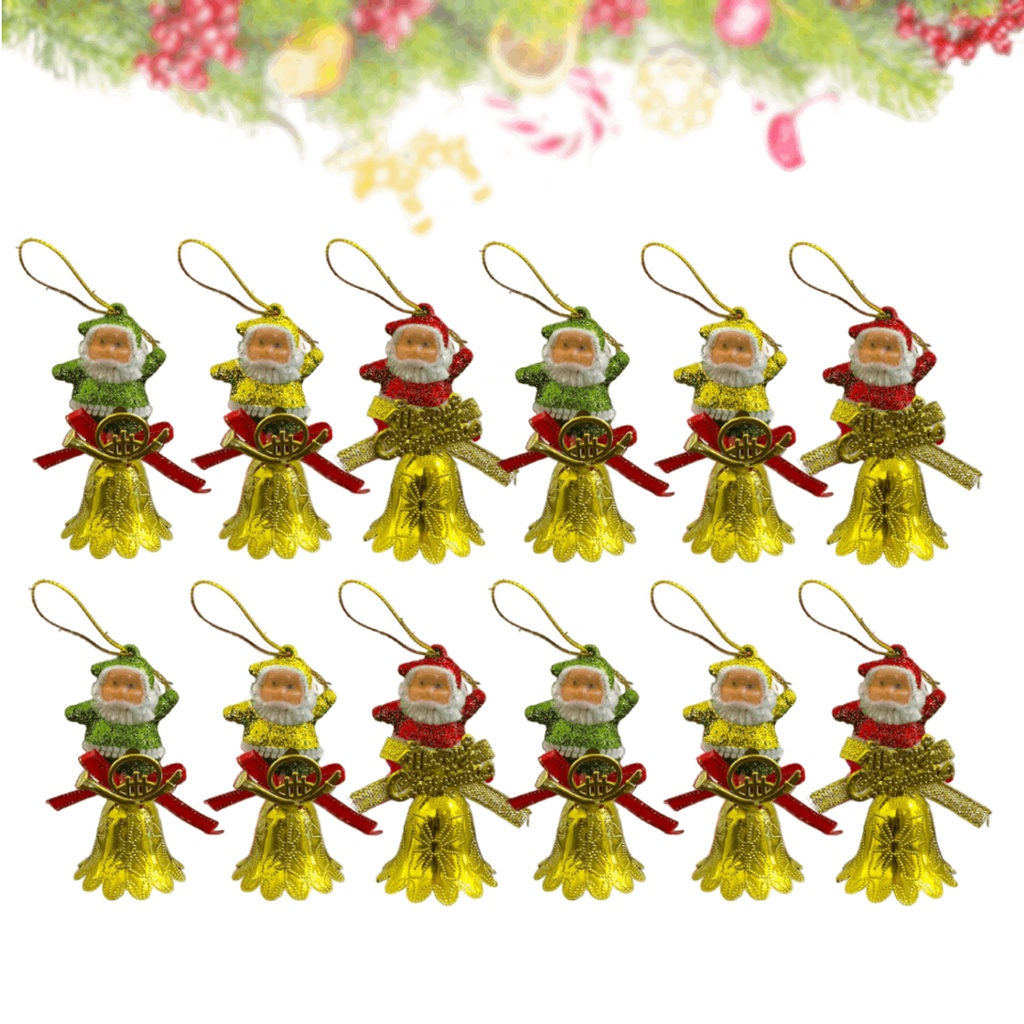 Kit 12 Unidades - Enfeite Natalino Papai Noel com Sino - Natal, Decoração, Enfeite, Brilho, Estrela, Natalino, Árvore, Papai Noel, Jingle bells, Sinos, Pequeninos, Bolinhas, Estrelas, Renas, Neve