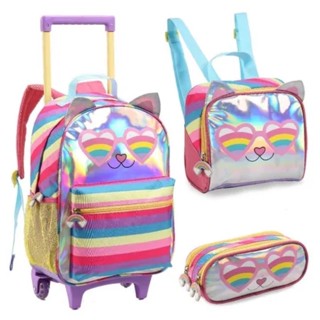Kit Mochila Escolar Infantil menina gatinha puxador Com Rodinhas