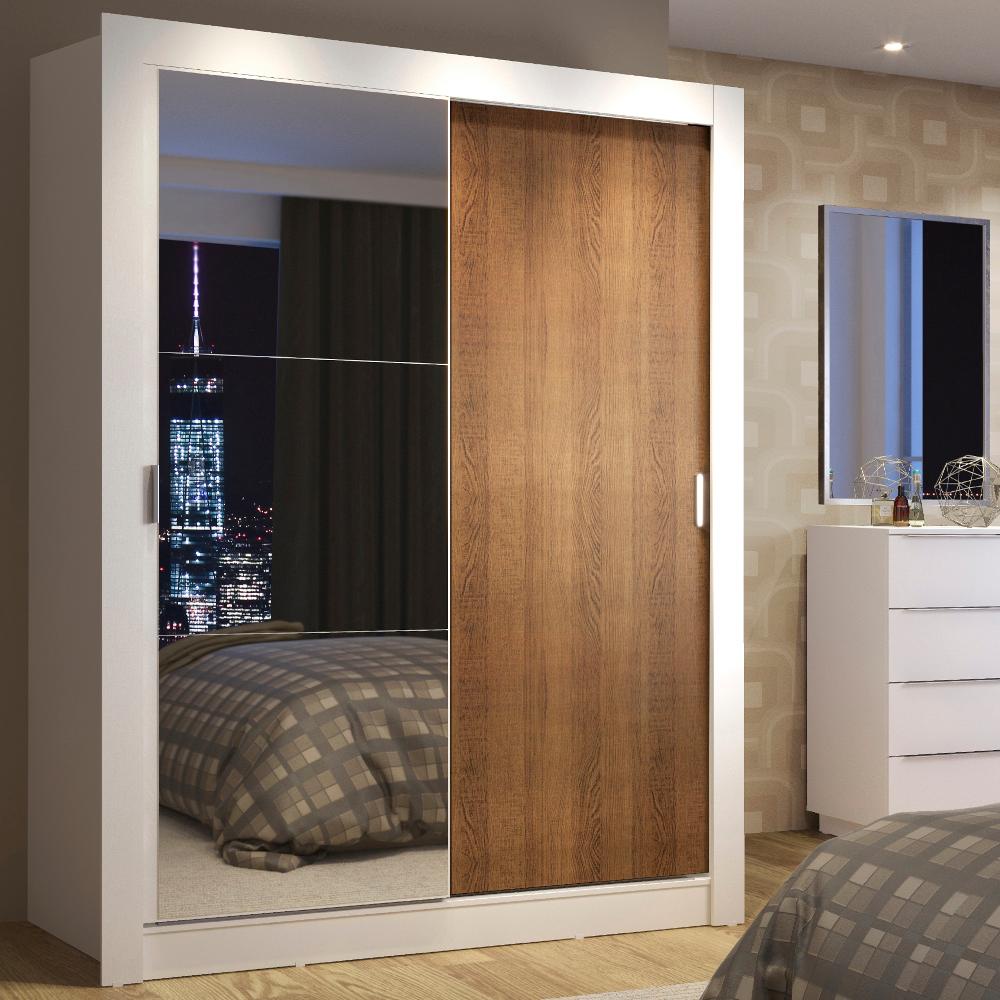Guarda-Roupa Solteiro Madesa Denver 2 Portas de Correr com Espelho - Branco/Rustic em Oferta na Shopee