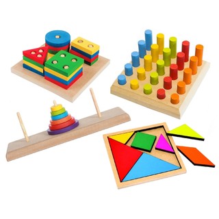 Kit TORRE DE HANÓI + PINOS DE ENCAIXE + TANGRAM + FORMAS GEOMÉTRICAS Brinquedo Educativo Montessori