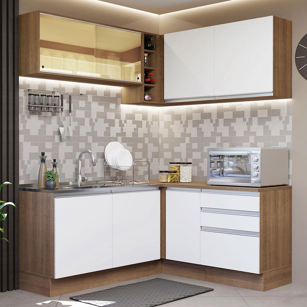 Cozinha Completa de Canto Madesa Glamy 329002 com Armário e Balcão (Sem Tampo e Pia) - Rustic/Branco - Home & Living