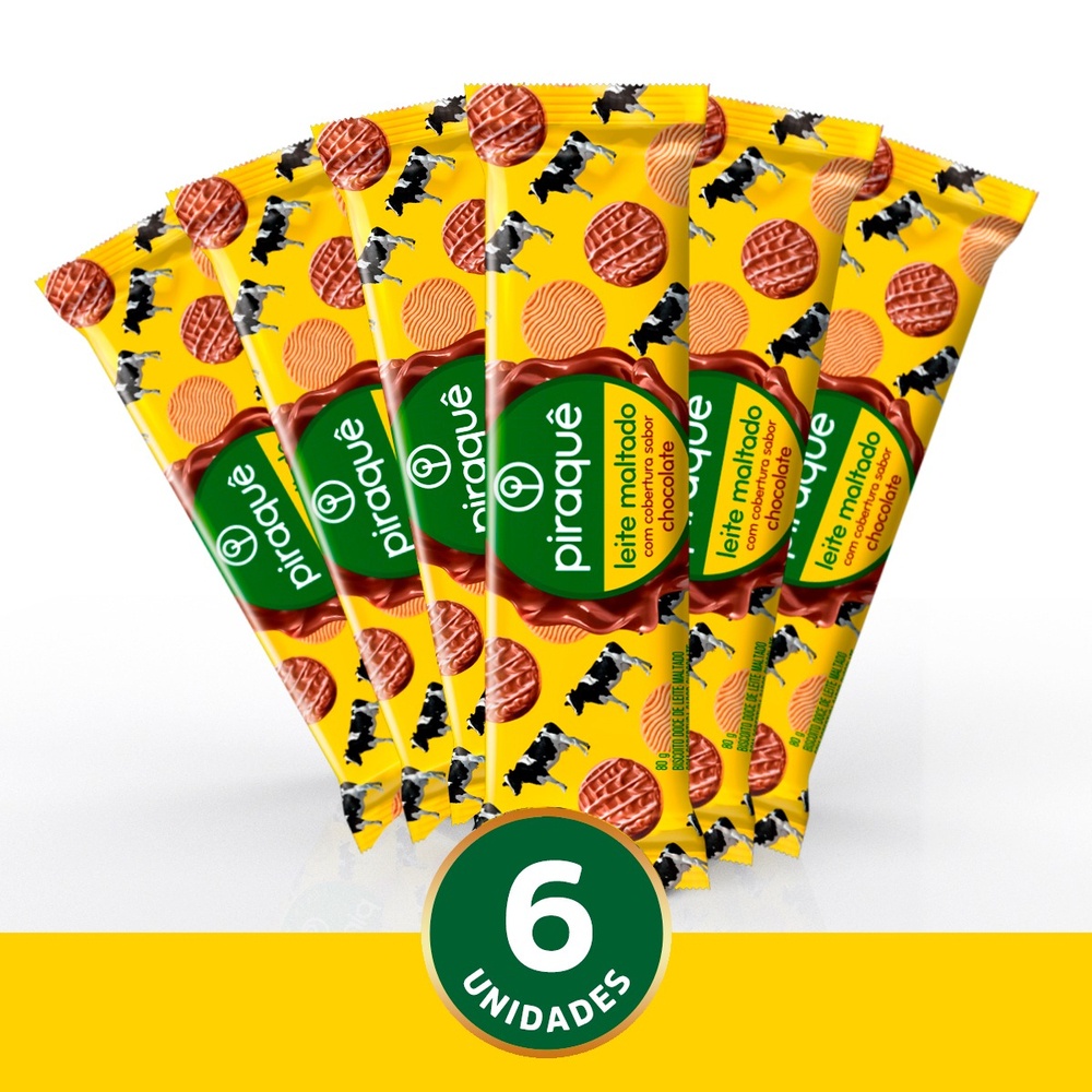 COMBO BISCOITO DOCE LEITE MALTADO COBERTURA CHOCOLATE PIRAQUE 80G 6 UNIDADES
