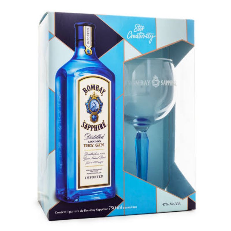 KIt gin bombay sapphire 750ml + taça de vidro personalizada , ideal para presente