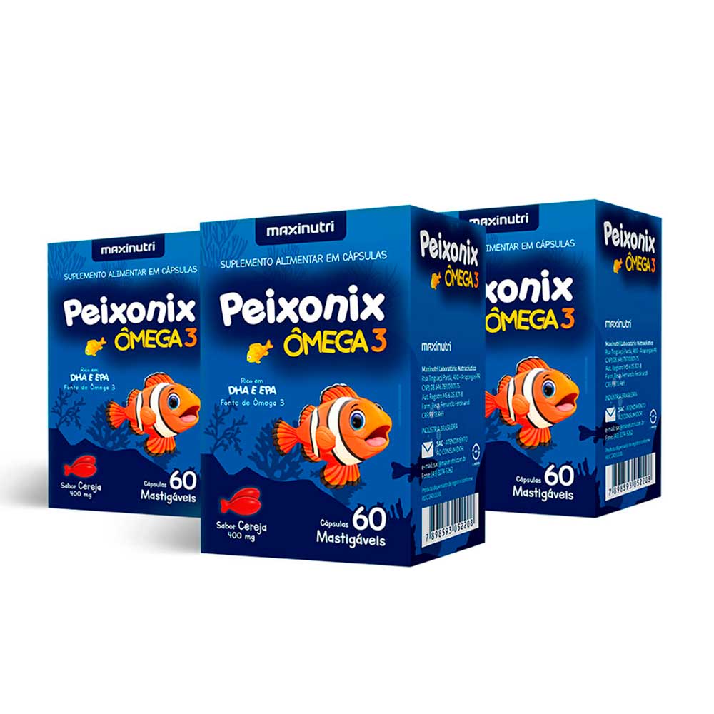 Kit 3 Peixonix Ômega 3 Infantil Mastigável Cereja 60 Cápsulas Maxinutri