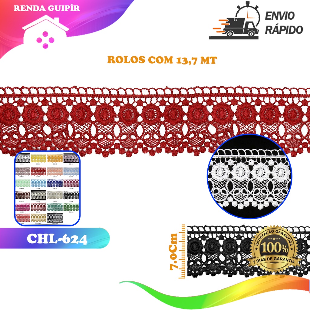 Renda Guipir CHL-624 7.0 Cm - Rolo C/13.7 Metros