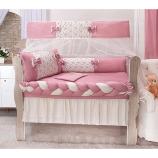 Protetor de berço americano Floral Rosê com trança + saia - enxoval menina em Oferta na Shopee