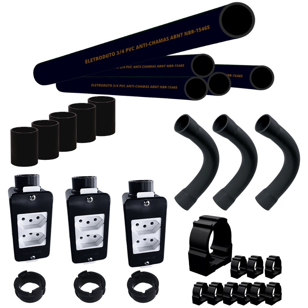 Kit Condulete Sobrepor 3 Tomadas Duplas 4x2 Eletroduto 3/4 PVC Anti-Chamas 5m Completo 10A