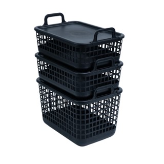 Kit 3 cestos telados c/ tampa de plástico 2p/1m preto– Oikos