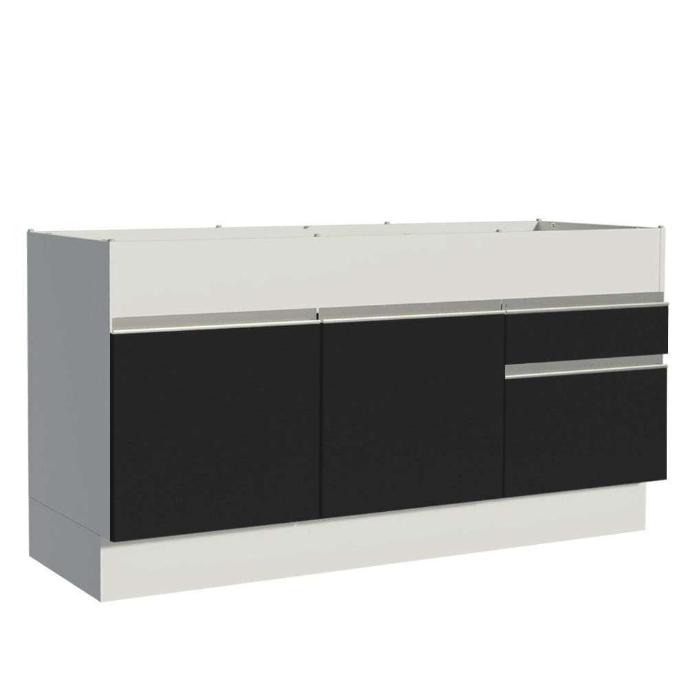 Balcão de Pia Cozinha 150 cm 2 Portas e 2 Gavetas (Sem Tampo e Pia) Branco/Preto Glamy Madesa