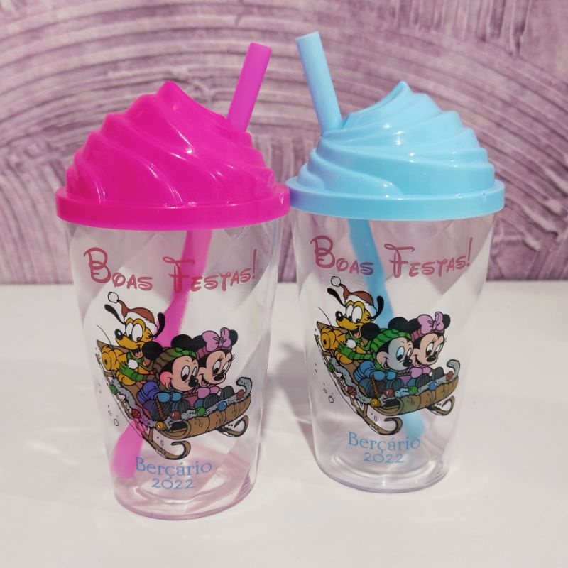 20 copos Twister 300ml Natal Mickey e Minnie baby com tampa chantilly