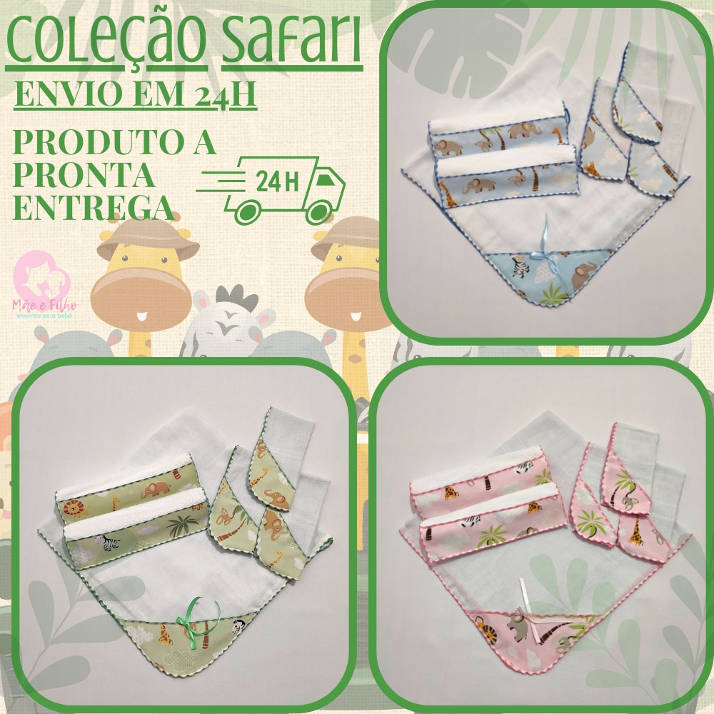 Kit Higiene Bebe 6 Peças 3 Pano Fraldinha de Boca Babetes 1 Manta Fralda 2 Toalhinha Ombro  100% Algodao